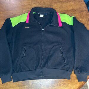 Vtg Columbia Fleece Zip Up Black w/Neon Green & Pink Accents Made in the USA XL